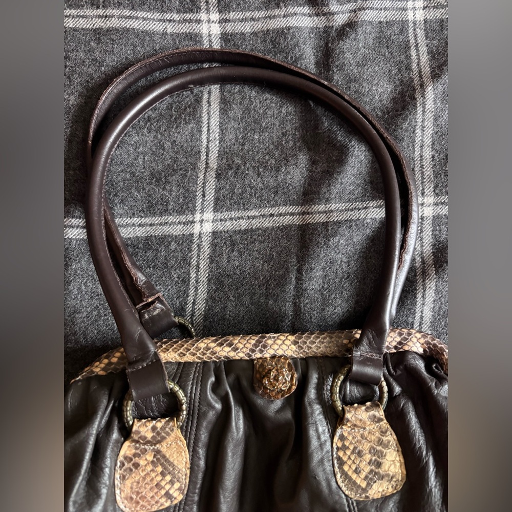 Clara Kasavina Handmade Chocolate Brown Leather Python Snake Skin Bag